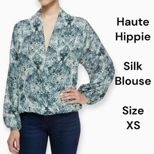 HAUTE HIPPIE blue greencream Tapestry Floral Faux-Wrap Silk Blouse XS
